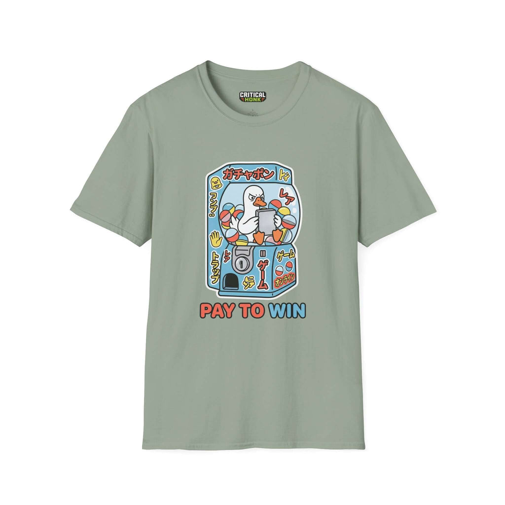 Pay to win T-Shirt in sage color, Gildan Softstyle, featuring game-themed design from Critical Honk Collection.