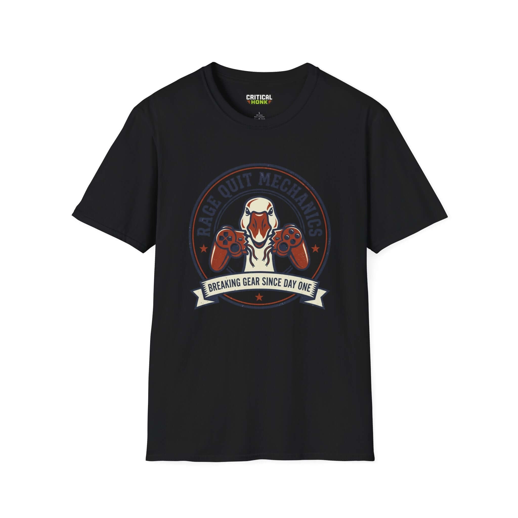 Rage quit mechanics T-Shirt in black featuring gaming graphics, light fabric, and unisex fit.