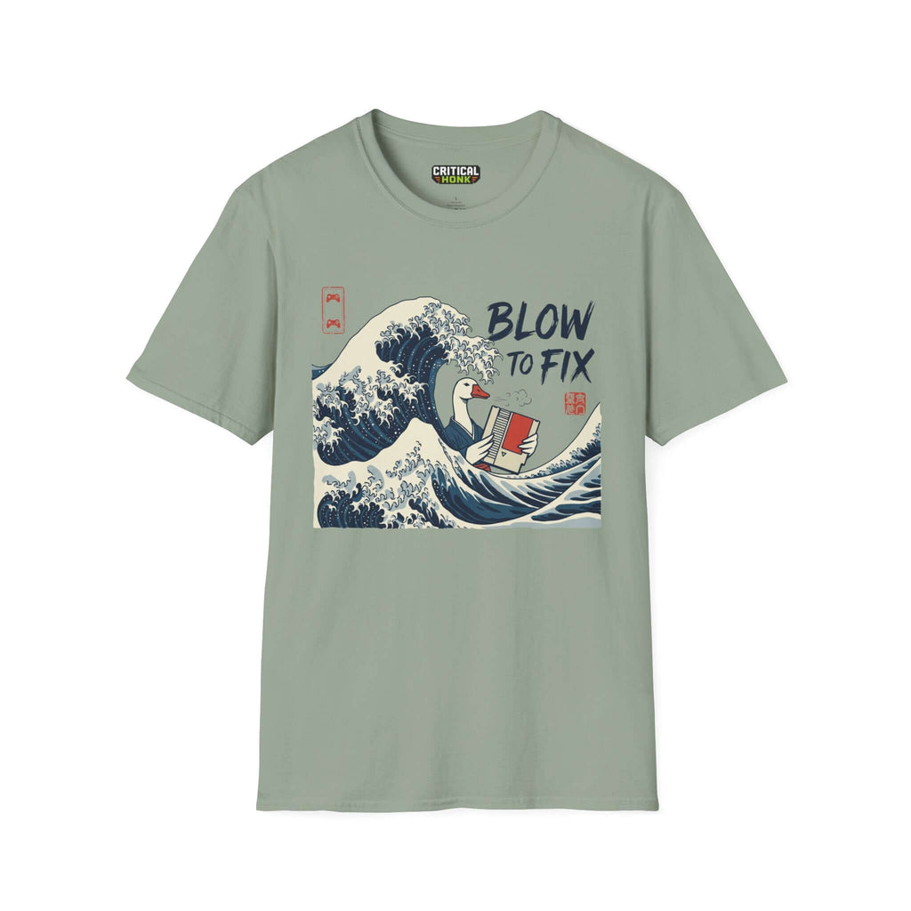 Blow to fix T-Shirt in sage color featuring a wave design and playful graphics from Critical Honk Collection.