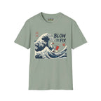 Blow to fix T-Shirt in sage color featuring a wave design and playful graphics from Critical Honk Collection.