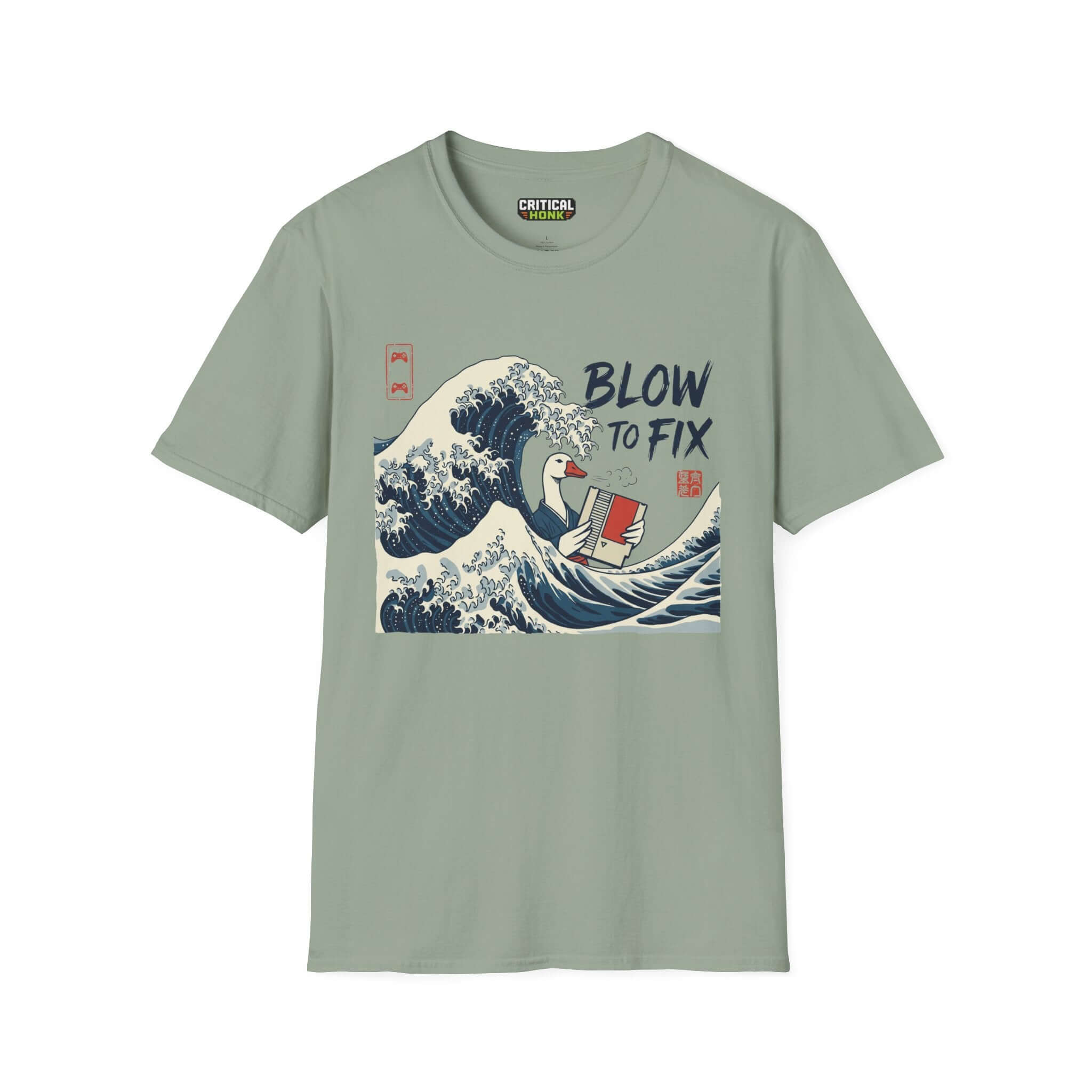 Blow to fix T-Shirt in sage color featuring a wave design and playful graphics from Critical Honk Collection.
