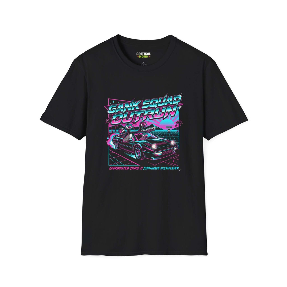 Gank-squad-outrun T-Shirt in black featuring a vibrant graphic design and unisex fit, perfect for gamers.