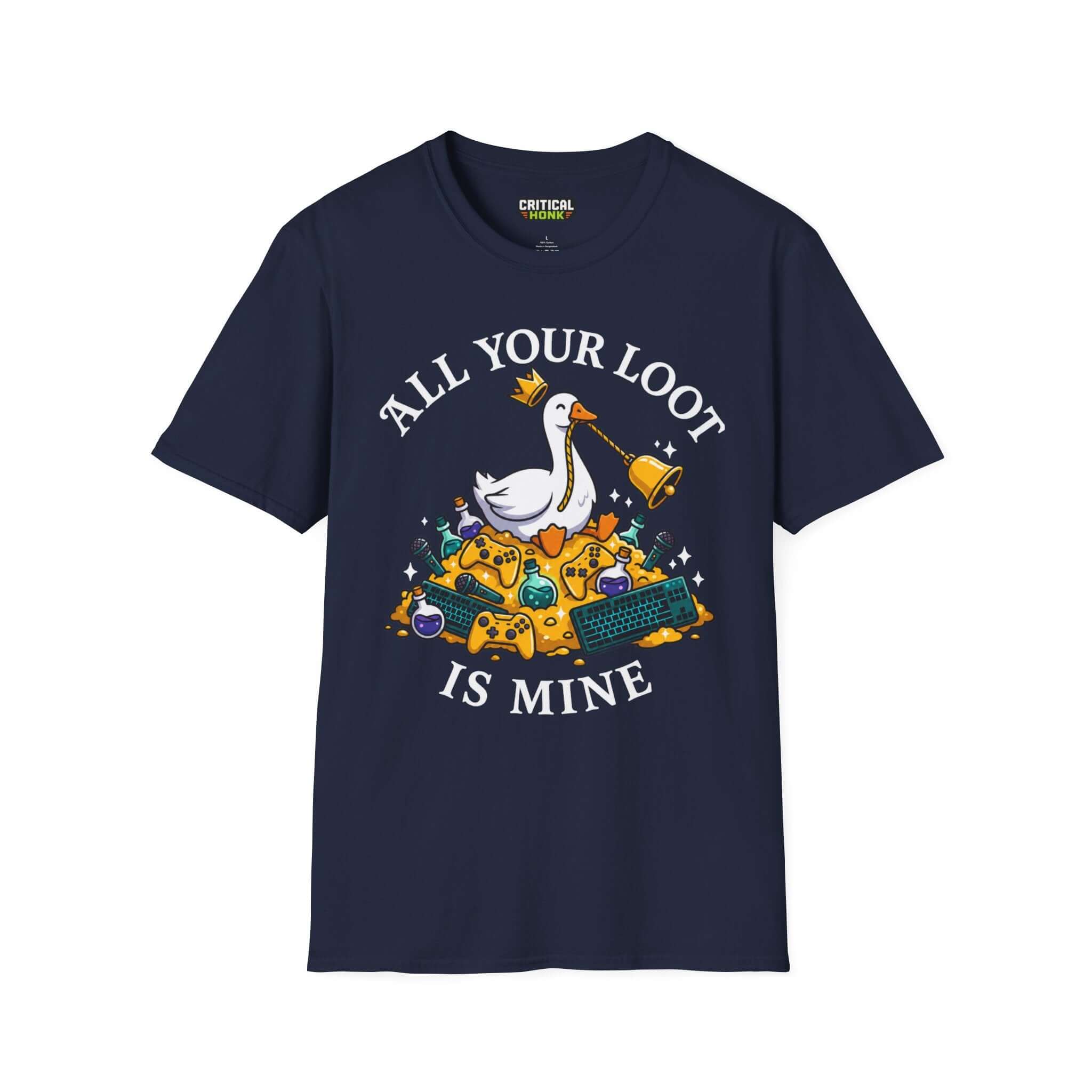 All your loot is mine T-Shirt in navy featuring a duck with gaming items and treasures. Ideal for gamers.
