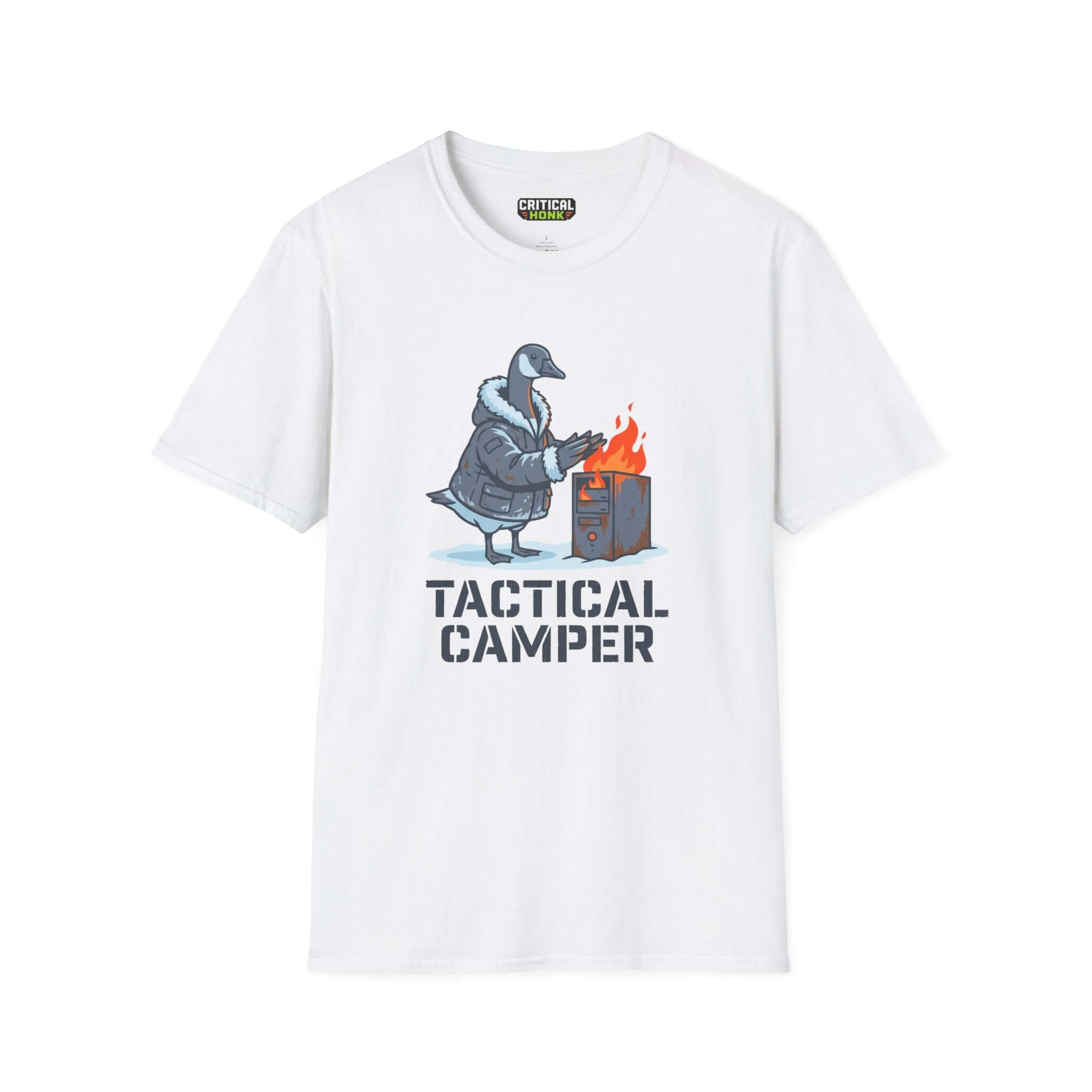 Tactical camper T-Shirt featuring a cartoon goose in a coat near a fire on a white background.