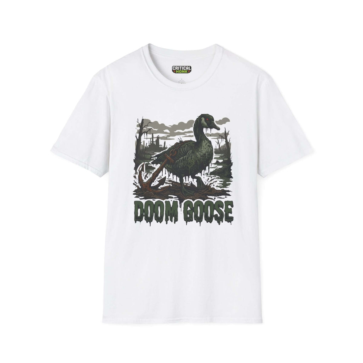 Doom goose T-Shirt featuring a unique graphic on a white Gildan Softstyle tee, perfect for gamers.