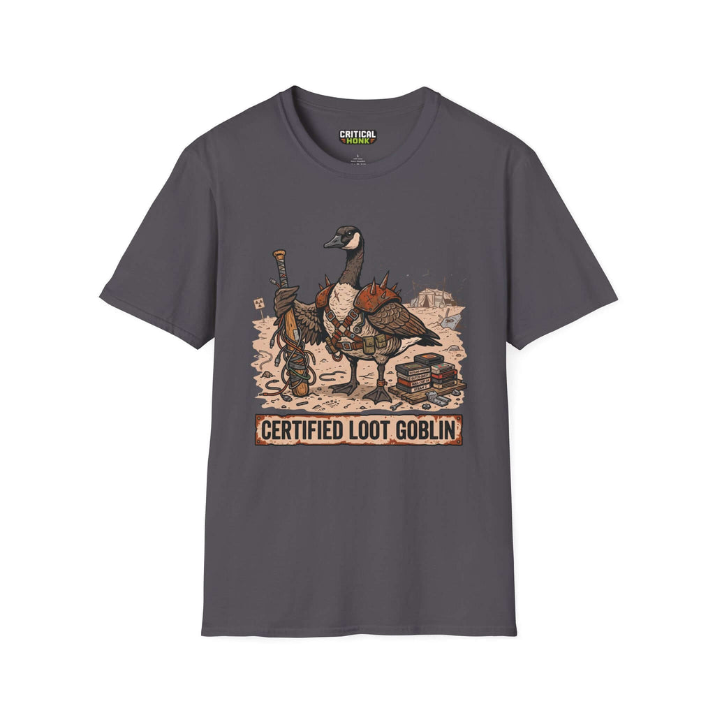 Charcoal Certified loot T-Shirt featuring a whimsical loot goblin graphic on soft Gildan fabric.