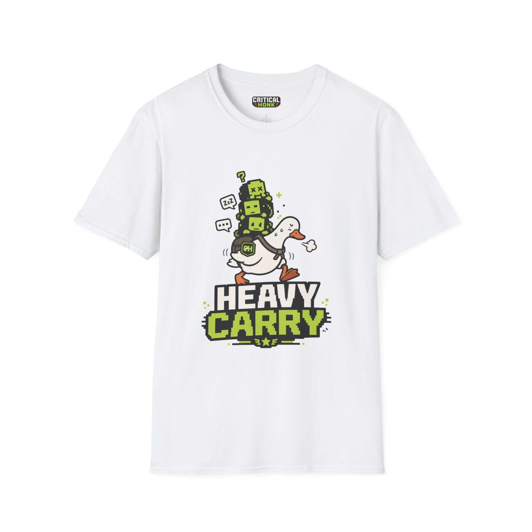 Heavy-carry T-Shirt featuring a cartoon duck design on a white fabric, part of the Critical Honk Collection.