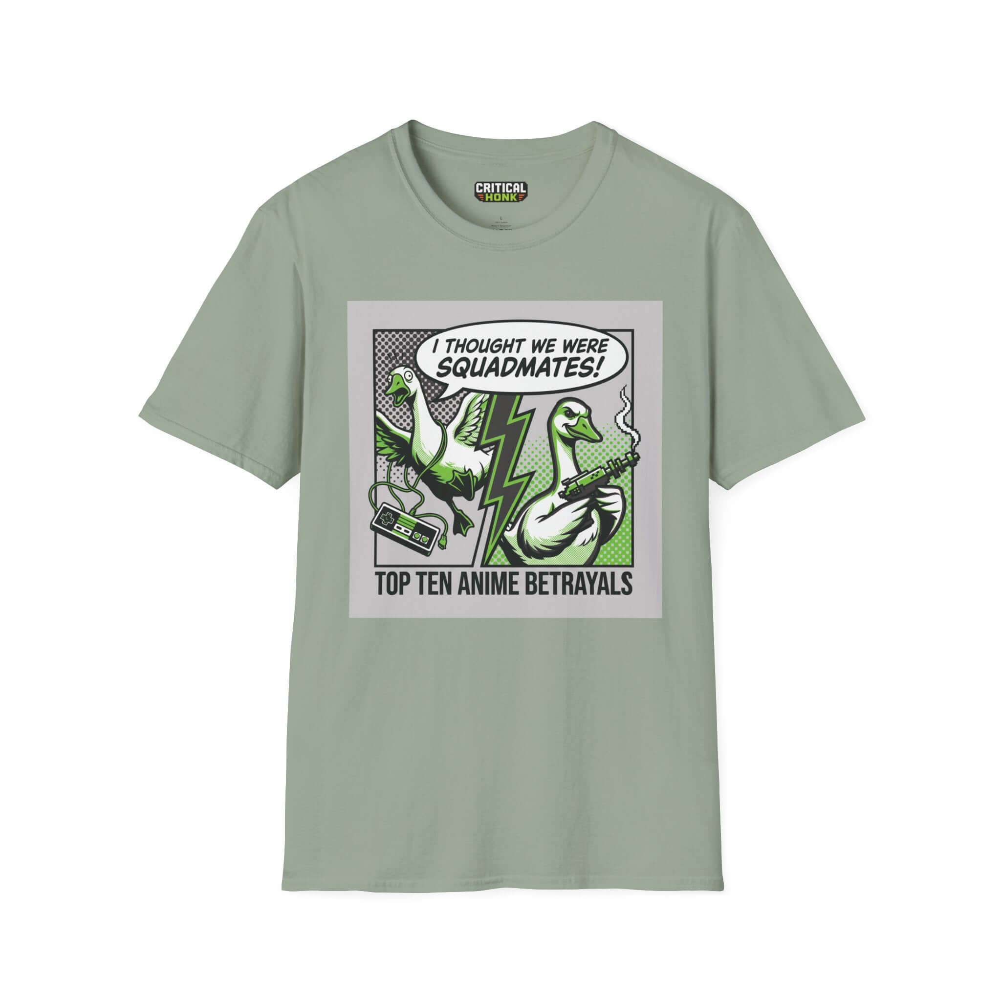Anime betrayals T-Shirt in sage green featuring graphic design with ducks and the text 'I thought we were squadmates!'