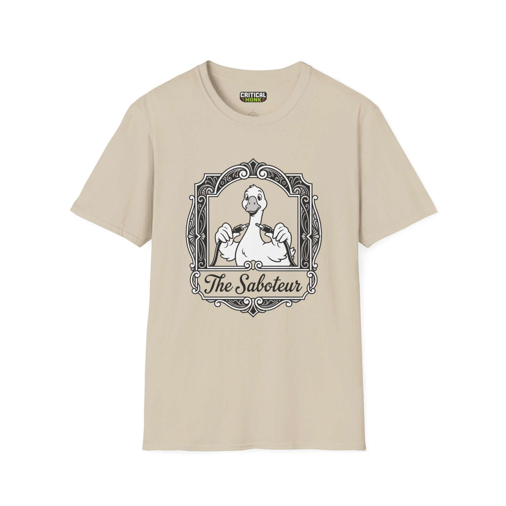 The saboteur T-Shirt in sand color featuring unique duck design, part of the Chaos Inspired Apparel Critical Honk Collection.