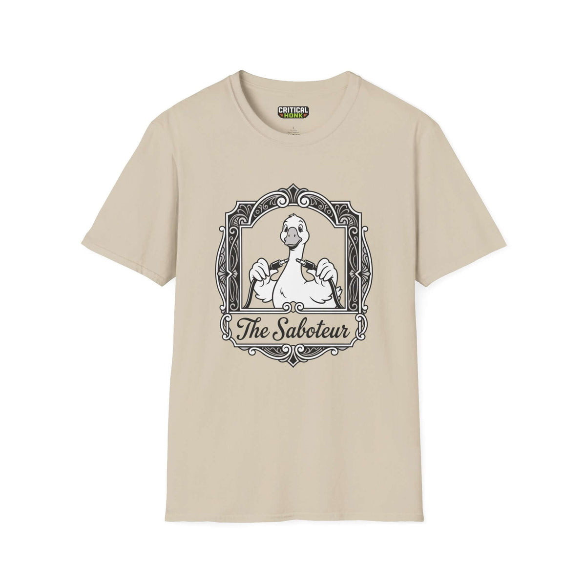 The saboteur T-Shirt in sand color featuring unique duck design, part of the Chaos Inspired Apparel Critical Honk Collection.