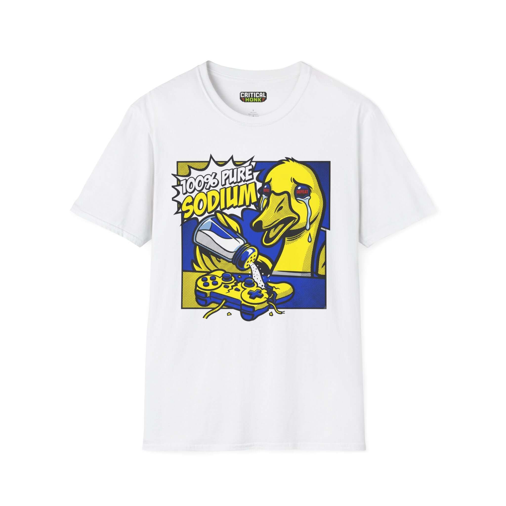 Pure sodium T-Shirt featuring a cartoon duck and playful graphic on a white Gildan softstyle shirt.