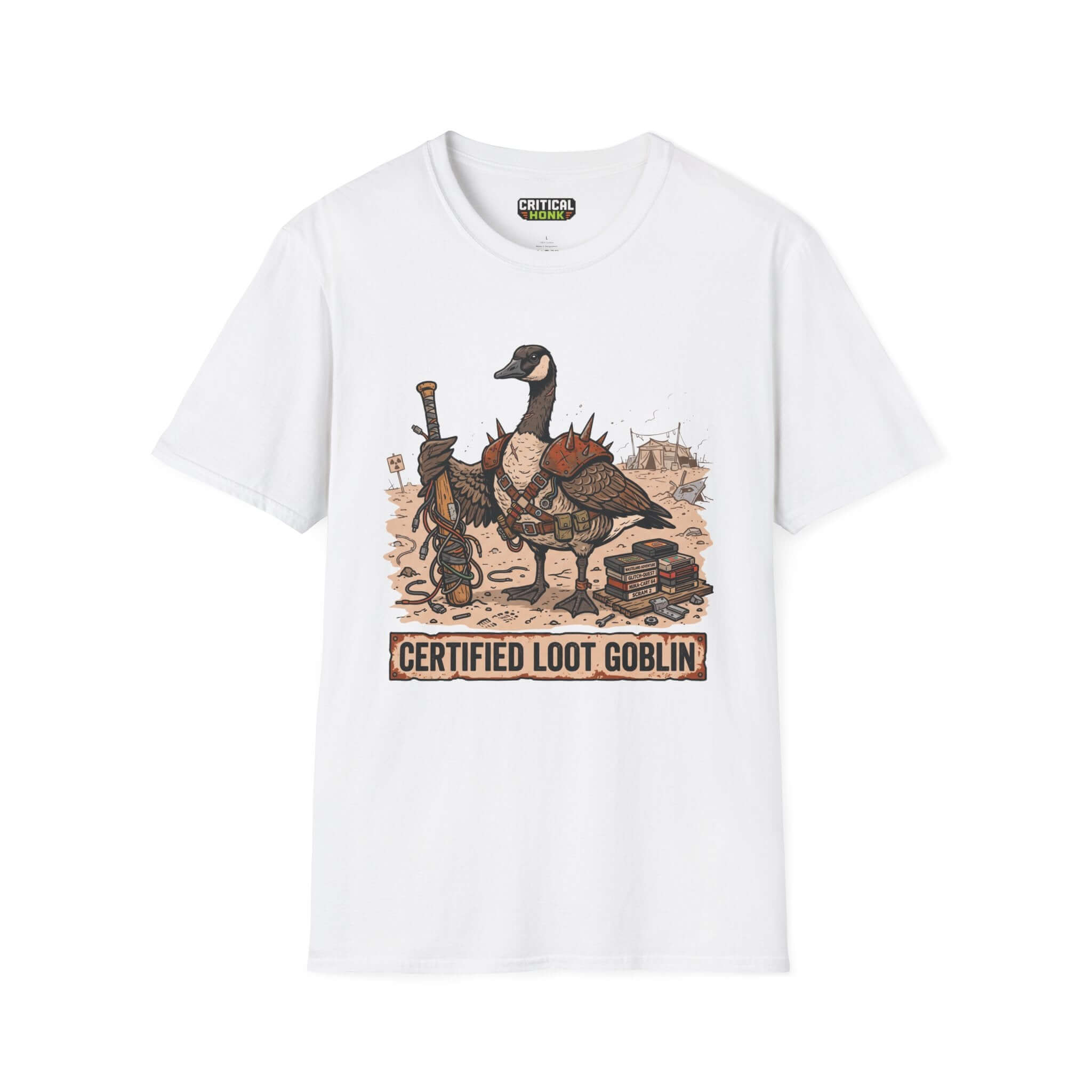 Certified loot T-Shirt featuring a playful goose graphic with a loot theme on a white background.