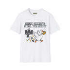Side Quest T-Shirt featuring a pixel art design with a goose stealing a crown on a white background.