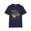 Honk-if-you-win T-Shirt in navy featuring a humorous design with a goose and knight, from the Critical Honk collection.