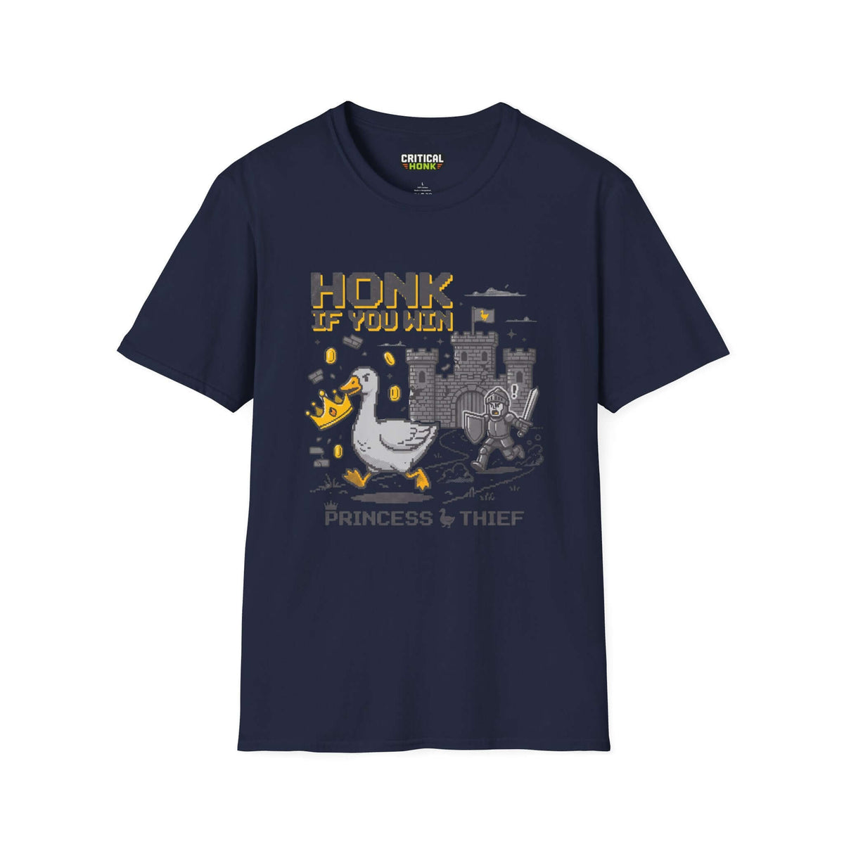 Honk-if-you-win T-Shirt in navy featuring a humorous design with a goose and knight, from the Critical Honk collection.