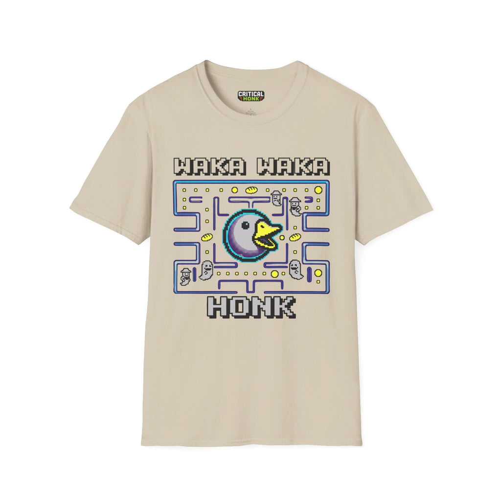 Waka waka honk T-Shirt in sand color featuring pixel art design and unisex fit, made from 100% ring-spun cotton.