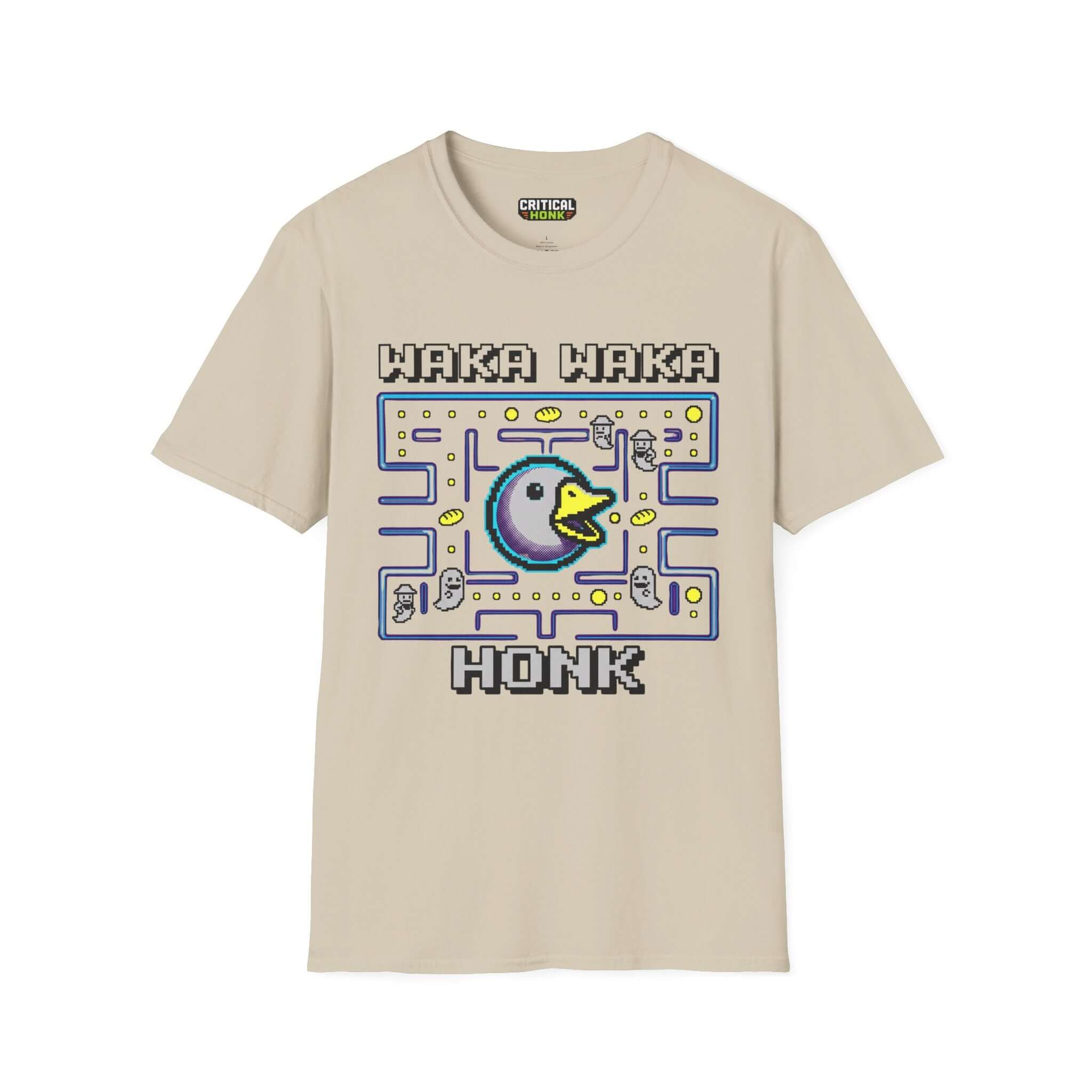 Waka waka honk T-Shirt in sand color featuring pixel art design and unisex fit, made from 100% ring-spun cotton.