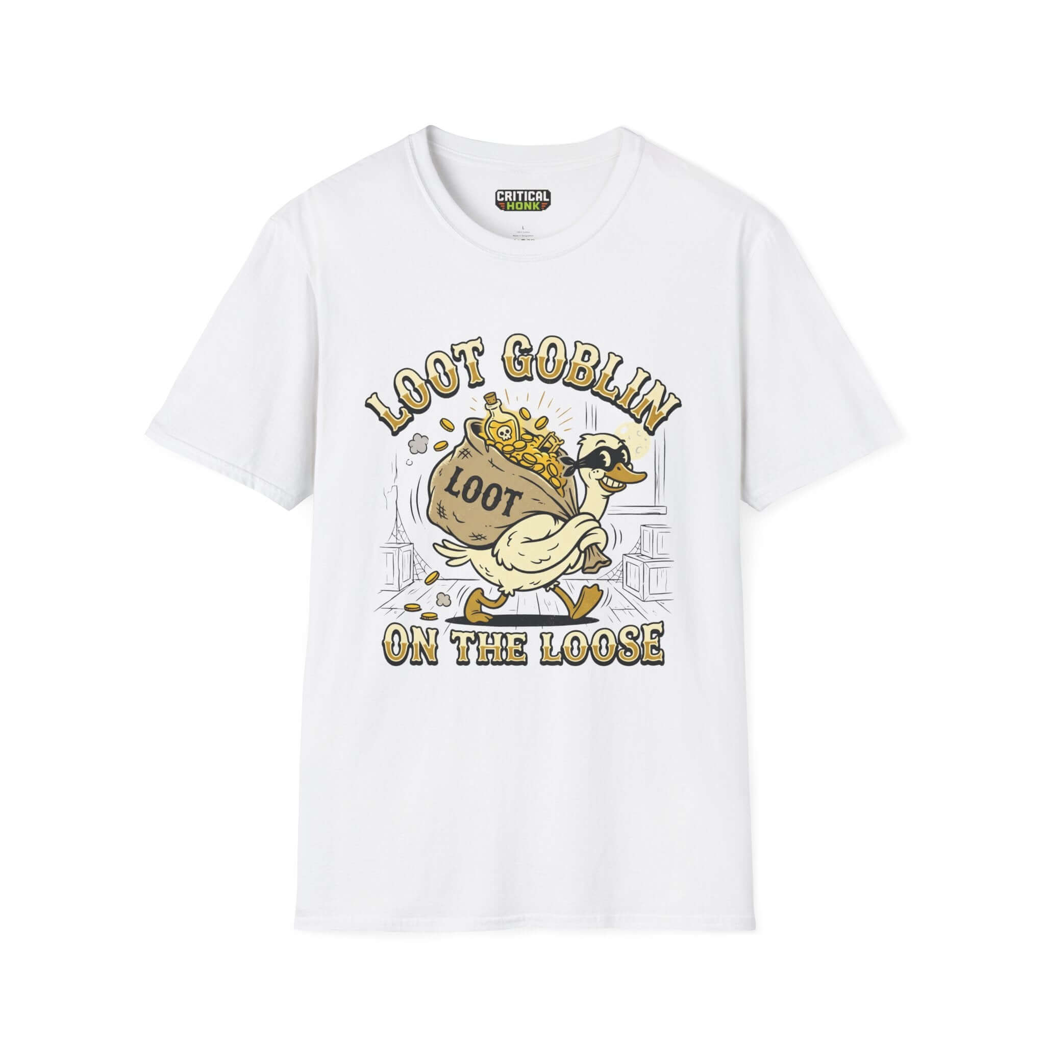 Loot Goblin T-Shirt in white featuring a playful design of a goblin with loot on the loose.