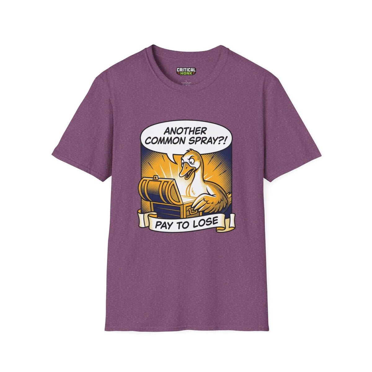 Pay to lose T-Shirt in heather maroon featuring cartoon design with duck and treasure chest, designed by Critical Honk.