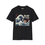 Blow to fix T-Shirt in black featuring wave graphic design from the Critical Honk Collection, made from 100% ring-spun cotton.
