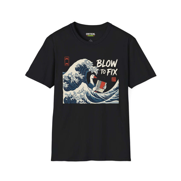 Blow to fix T-Shirt in black featuring wave graphic design from the Critical Honk Collection, made from 100% ring-spun cotton.