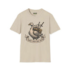 I might need this later T-Shirt in sand color featuring a duck with weapons, part of the Critical Honk Collection.