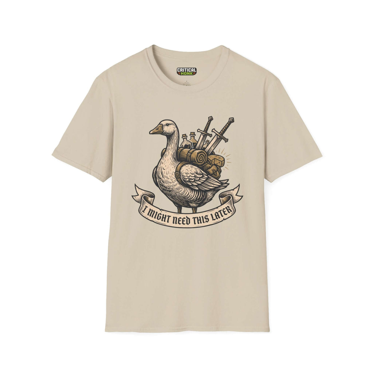 I might need this later T-Shirt in sand color featuring a duck with weapons, part of the Critical Honk Collection.