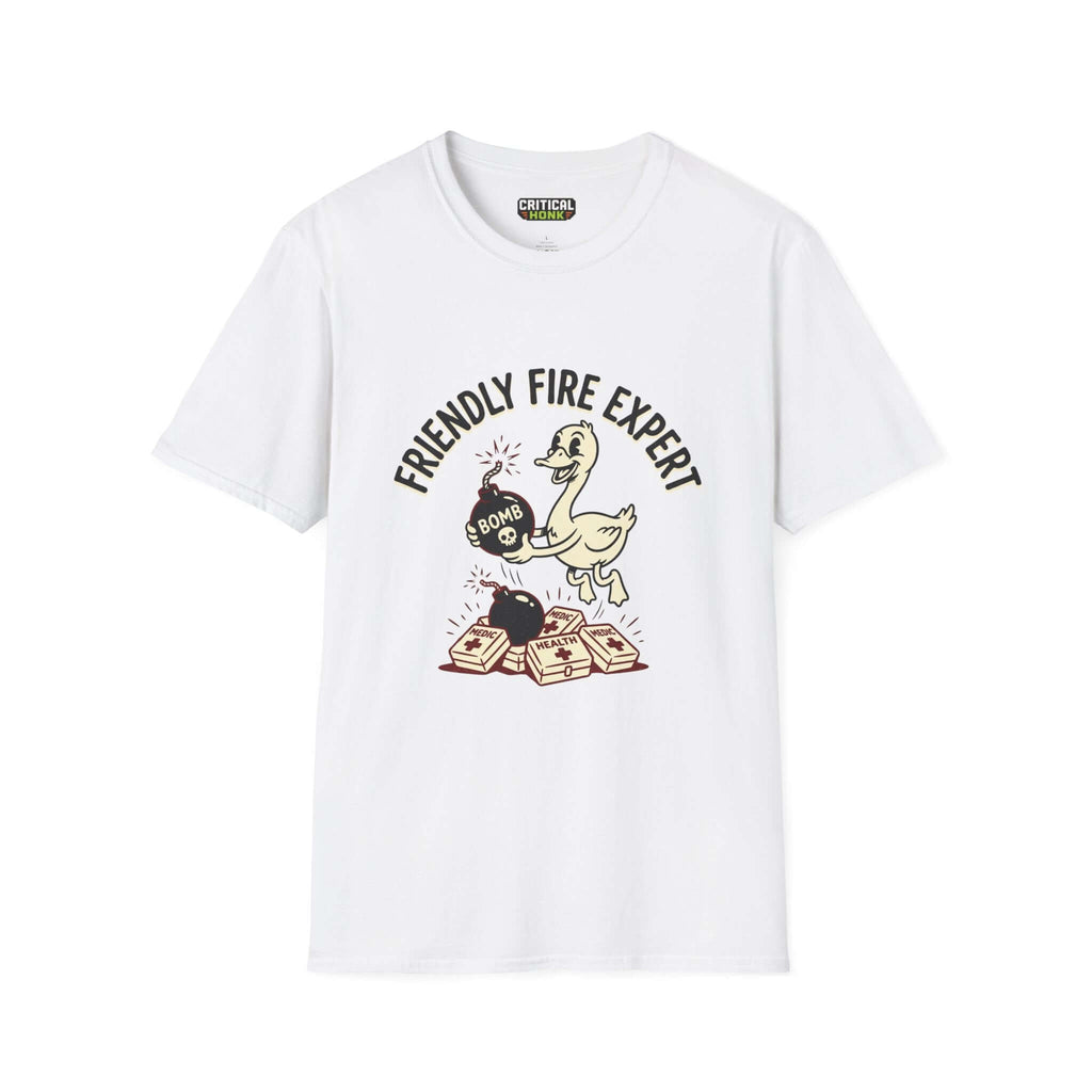 Friendly Fire T-Shirt featuring a duck holding a bomb on a white background, from the Critical Honk Collection.