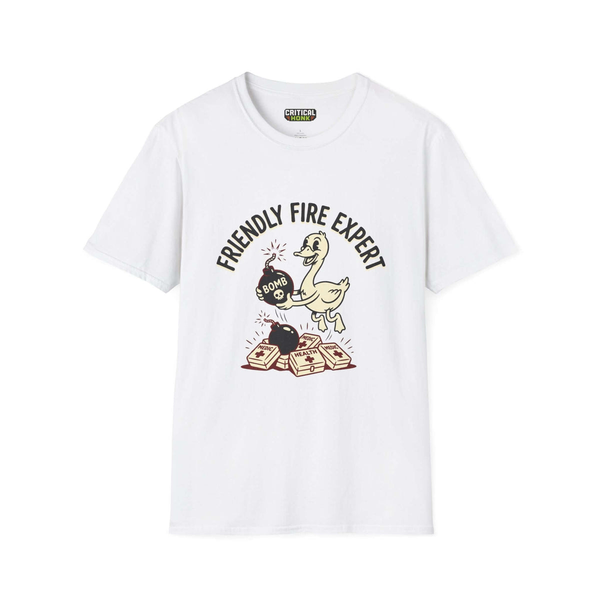 Friendly Fire T-Shirt featuring a duck holding a bomb on a white background, from the Critical Honk Collection.