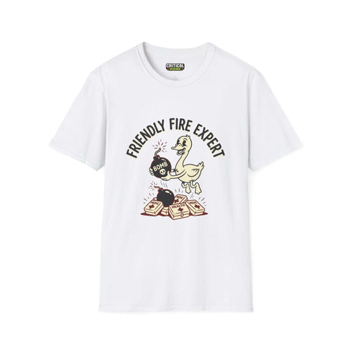 Friendly Fire T-Shirt featuring a duck holding a bomb on a white background, from the Critical Honk Collection.