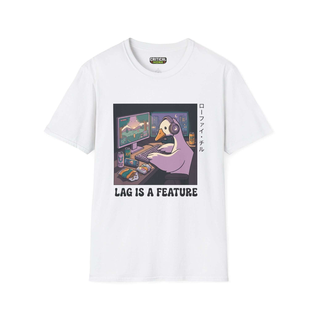 Lag is a feature T-Shirt featuring a gamer duck graphic on a white Gildan Softstyle T-Shirt.
