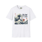 Blow to fix T-Shirt in white, featuring graphic design of a wave and a duck, part of the Critical Honk Collection.