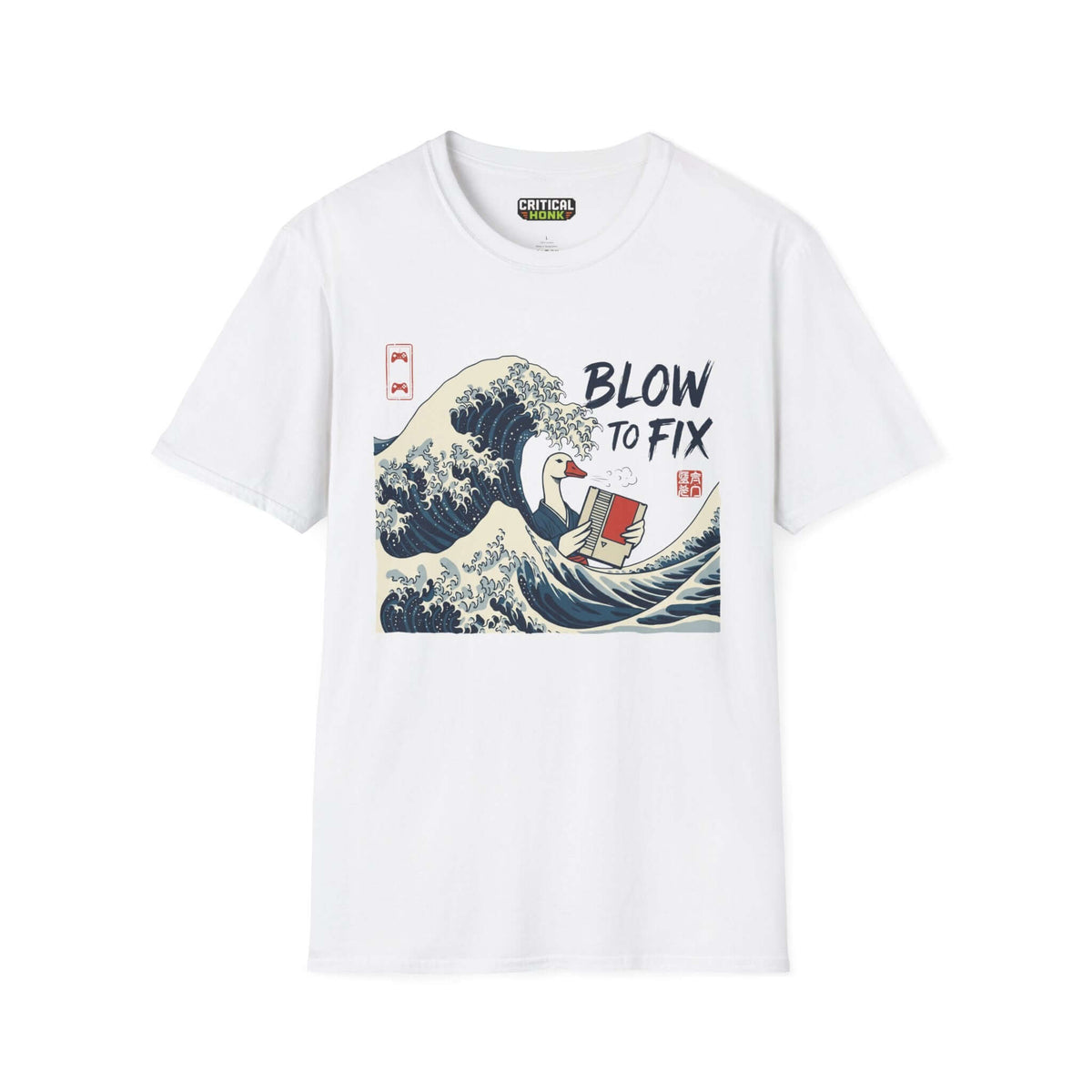 Blow to fix T-Shirt in white, featuring graphic design of a wave and a duck, part of the Critical Honk Collection.