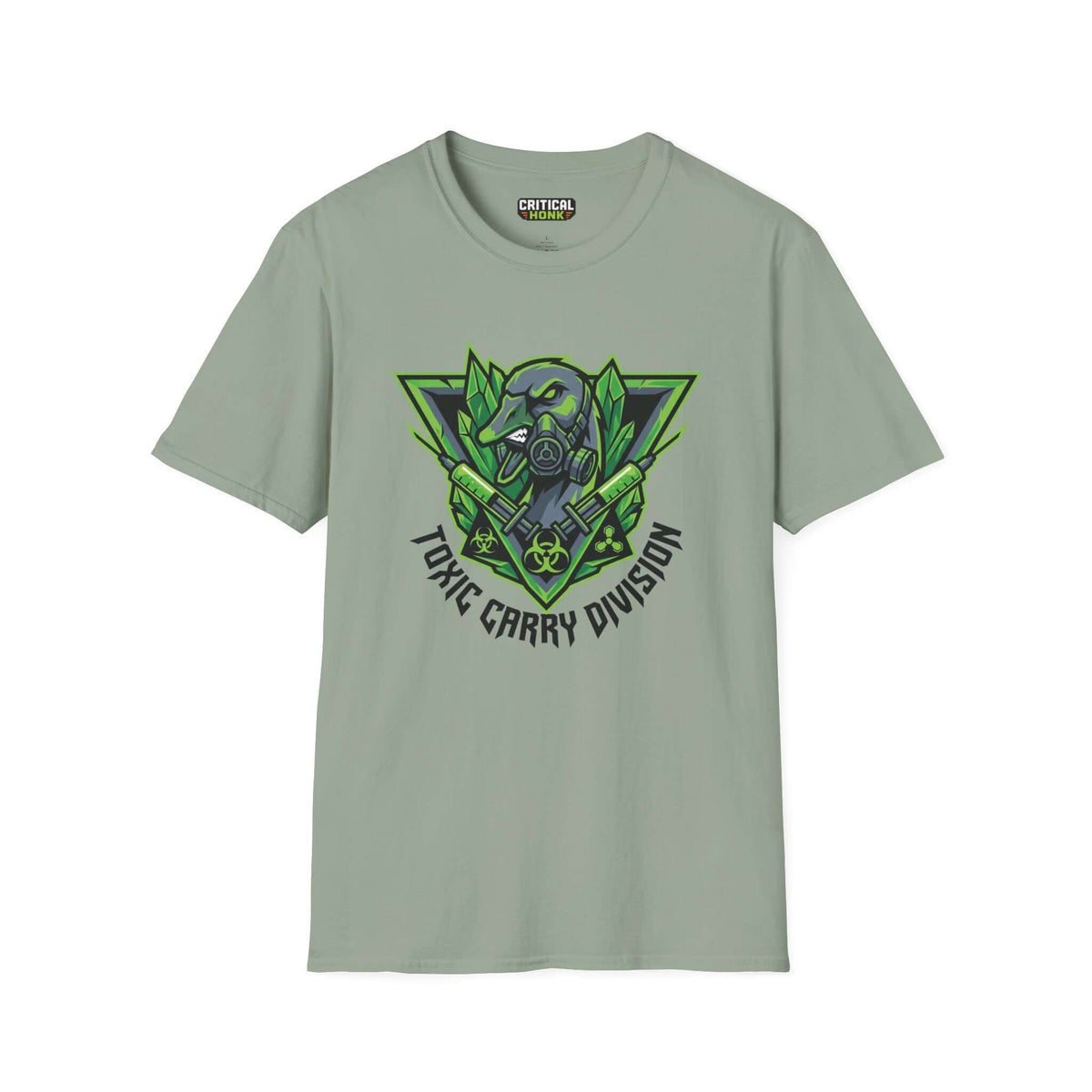 Toxic carry T-Shirt in sage color featuring a bold Toxic Carry Division graphic design.