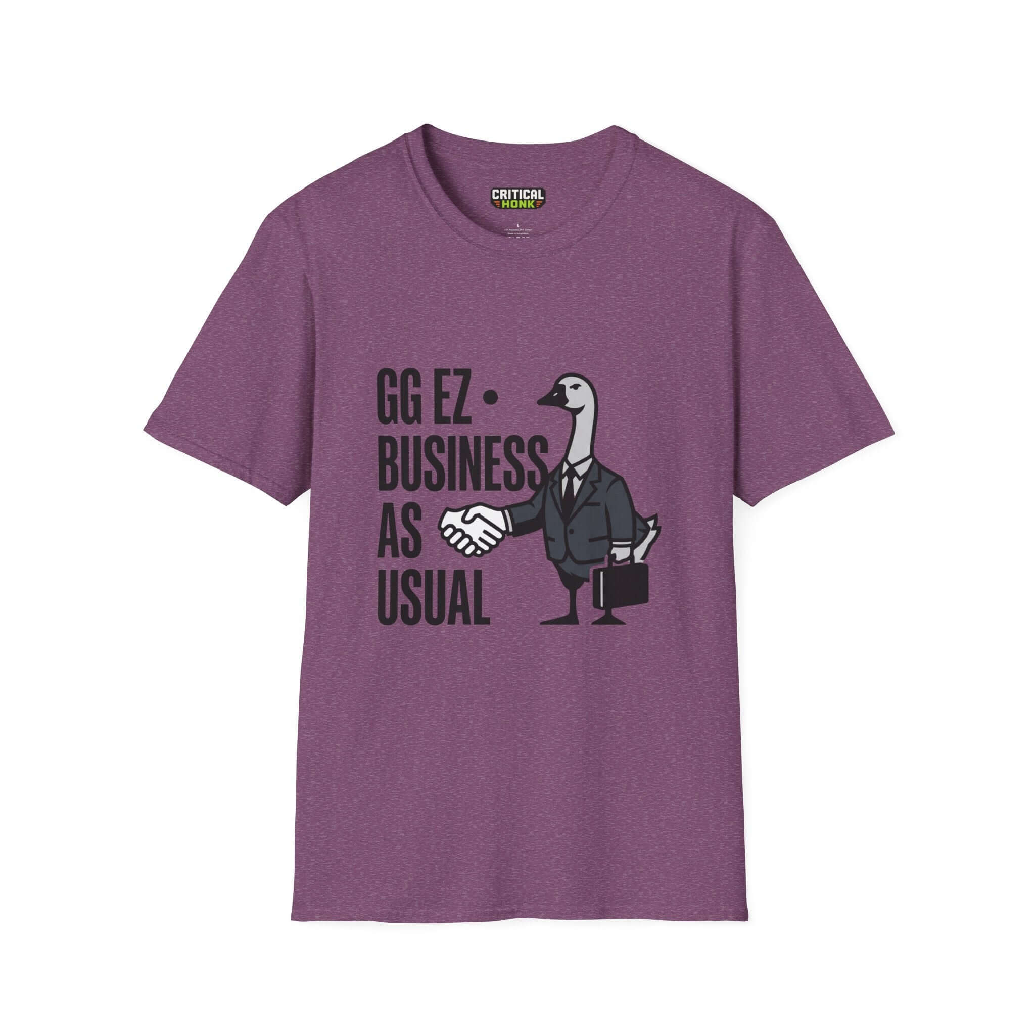 Ggez-business T-Shirt in Heather Maroon featuring a cartoon goose in a suit with a handshake graphic.