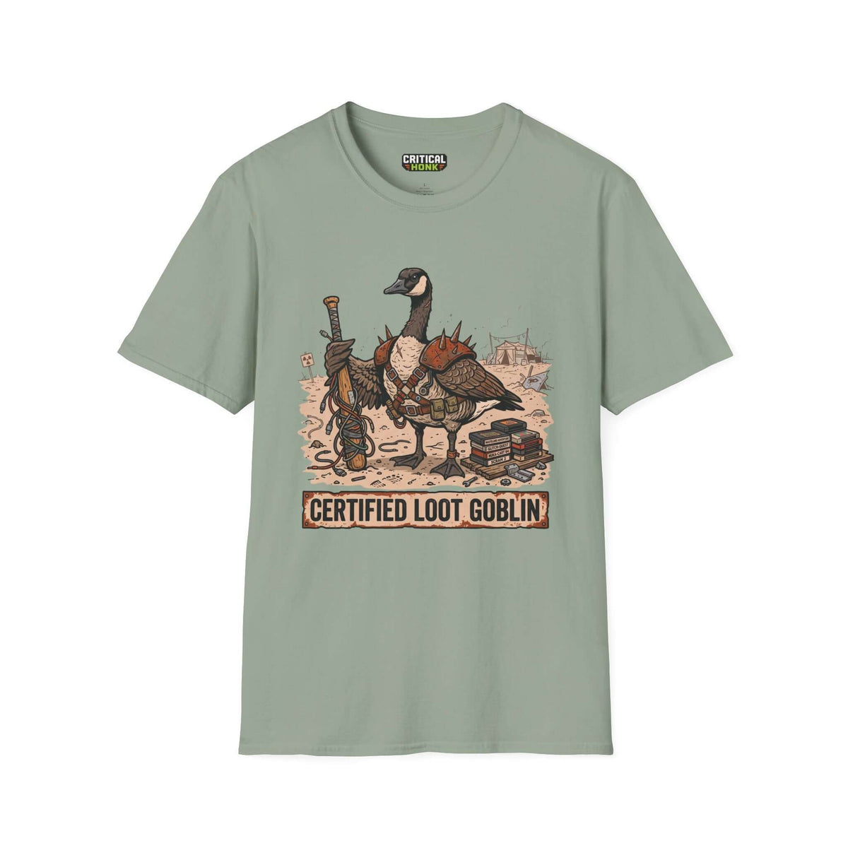 Certified loot T-Shirt featuring a cartoon goose in armor on sage green fabric for gamers.