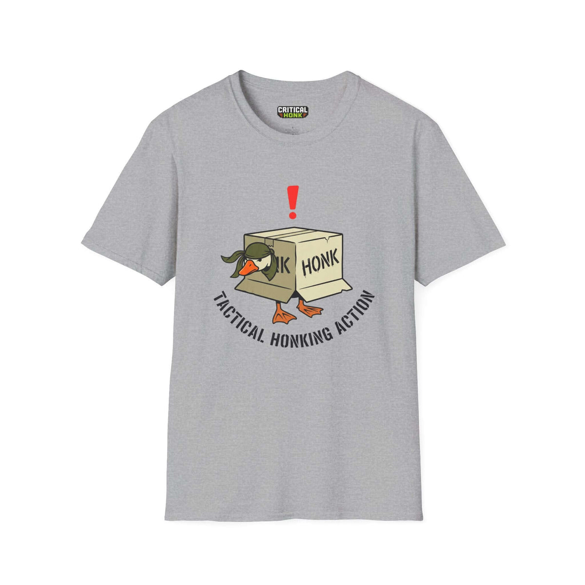 tactical honking action T-Shirt in sport grey featuring a quirky duck design and Honk box graphic.