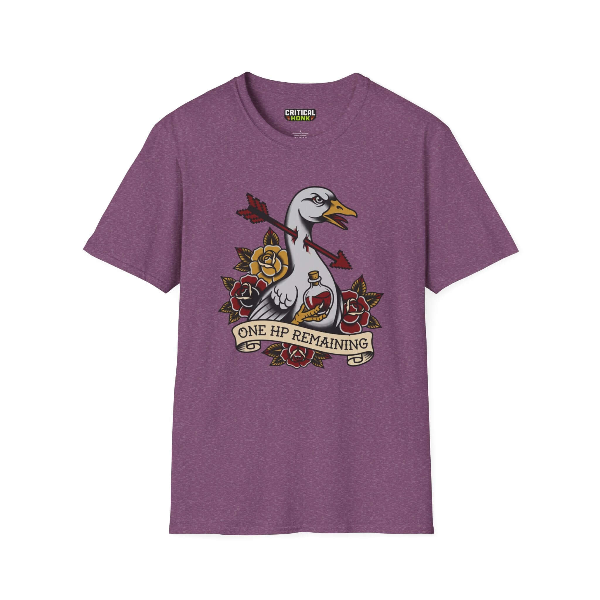 One-hp remaining T-Shirt in Heather Maroon, featuring a duck graphic and floral design by Chaos Inspired Apparel.