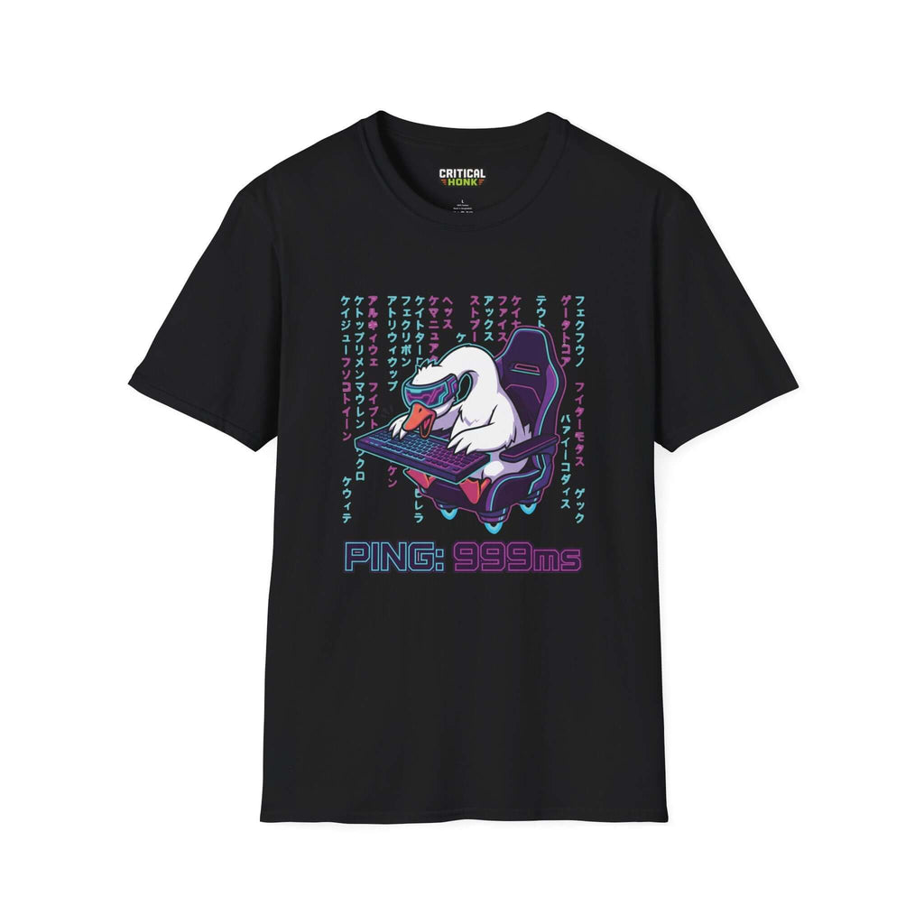 Ping 999ms T-Shirt in black featuring a graphic of a duck gaming on a keyboard from the Critical Honk Collection.