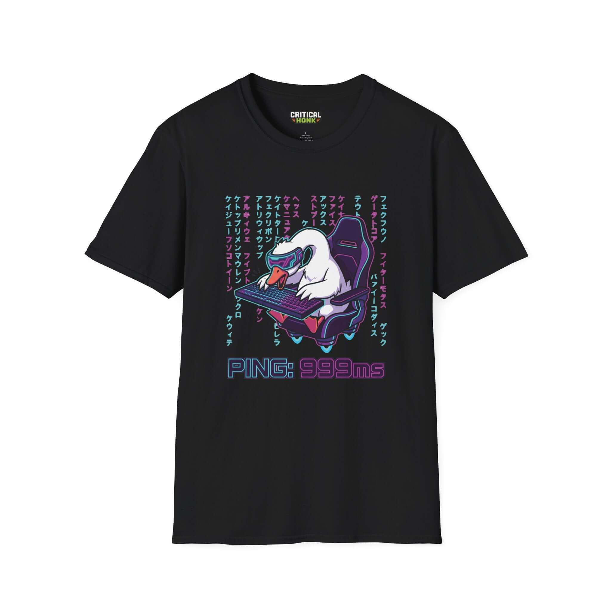 Ping 999ms T-Shirt in black featuring a graphic of a duck gaming on a keyboard from the Critical Honk Collection.