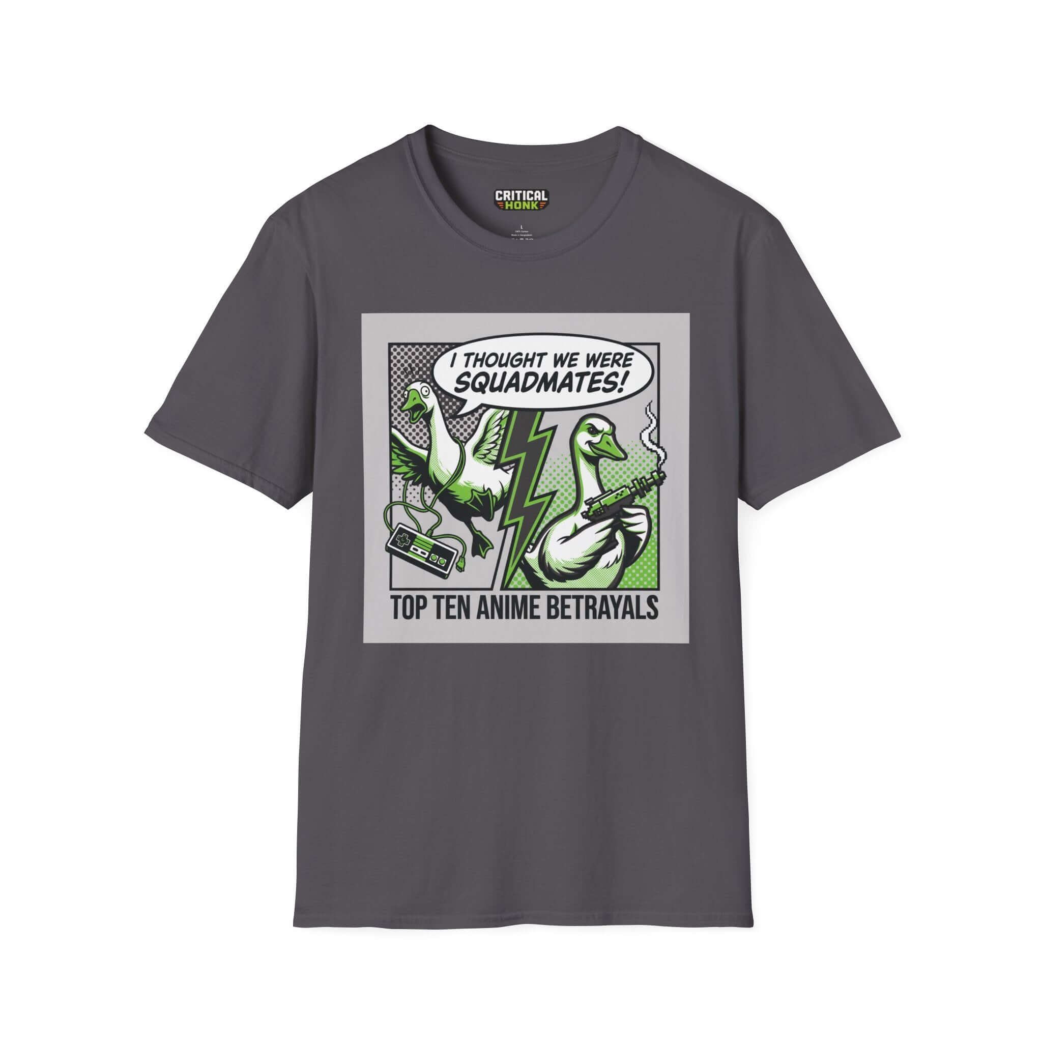 Anime betrayals T-Shirt in charcoal featuring cartoon ducks and the text 'Top Ten Anime Betrayals'.