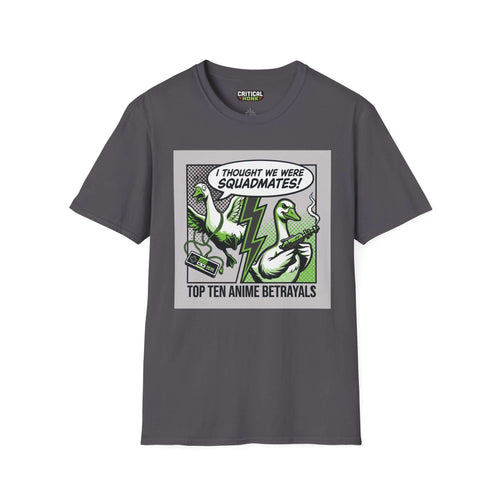Anime betrayals T-Shirt in charcoal featuring cartoon ducks and the text 'Top Ten Anime Betrayals'.