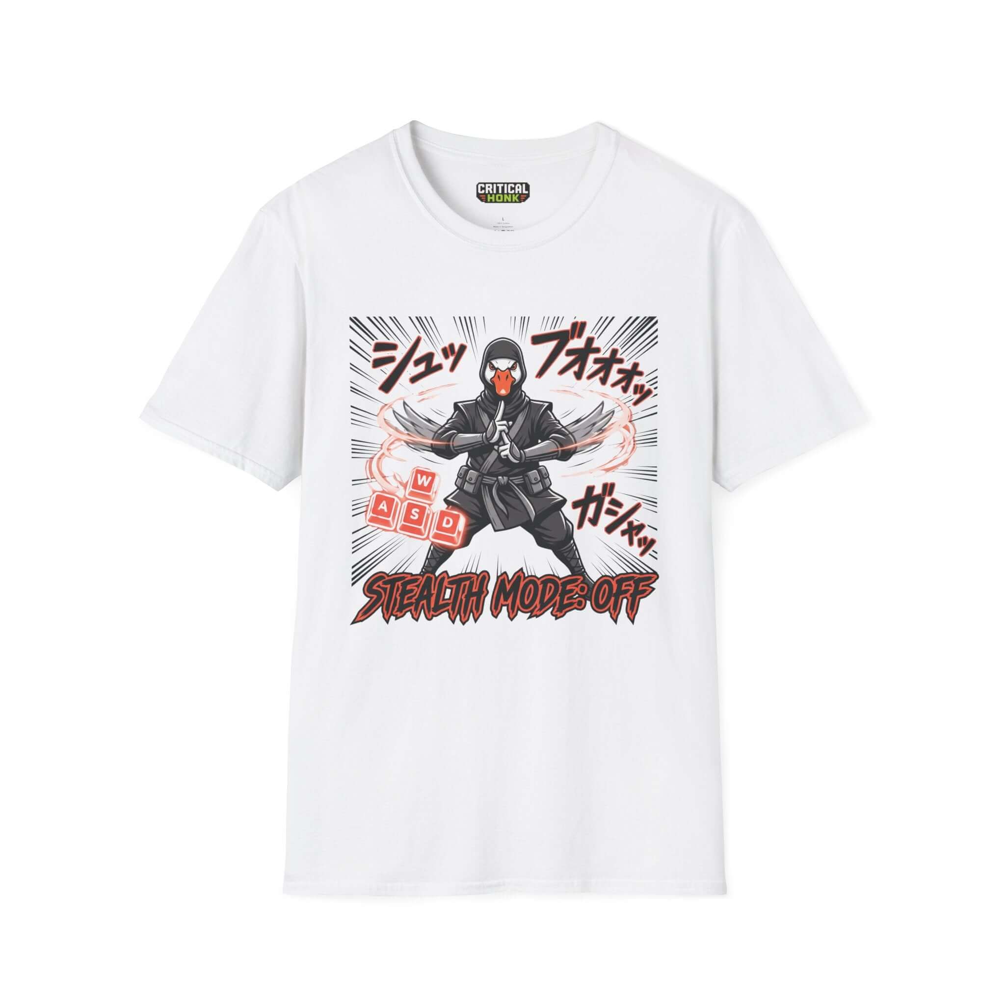 Stealth mode off T-Shirt with graphic design, Gildan Softstyle, unisex fit, white color, light fabric.