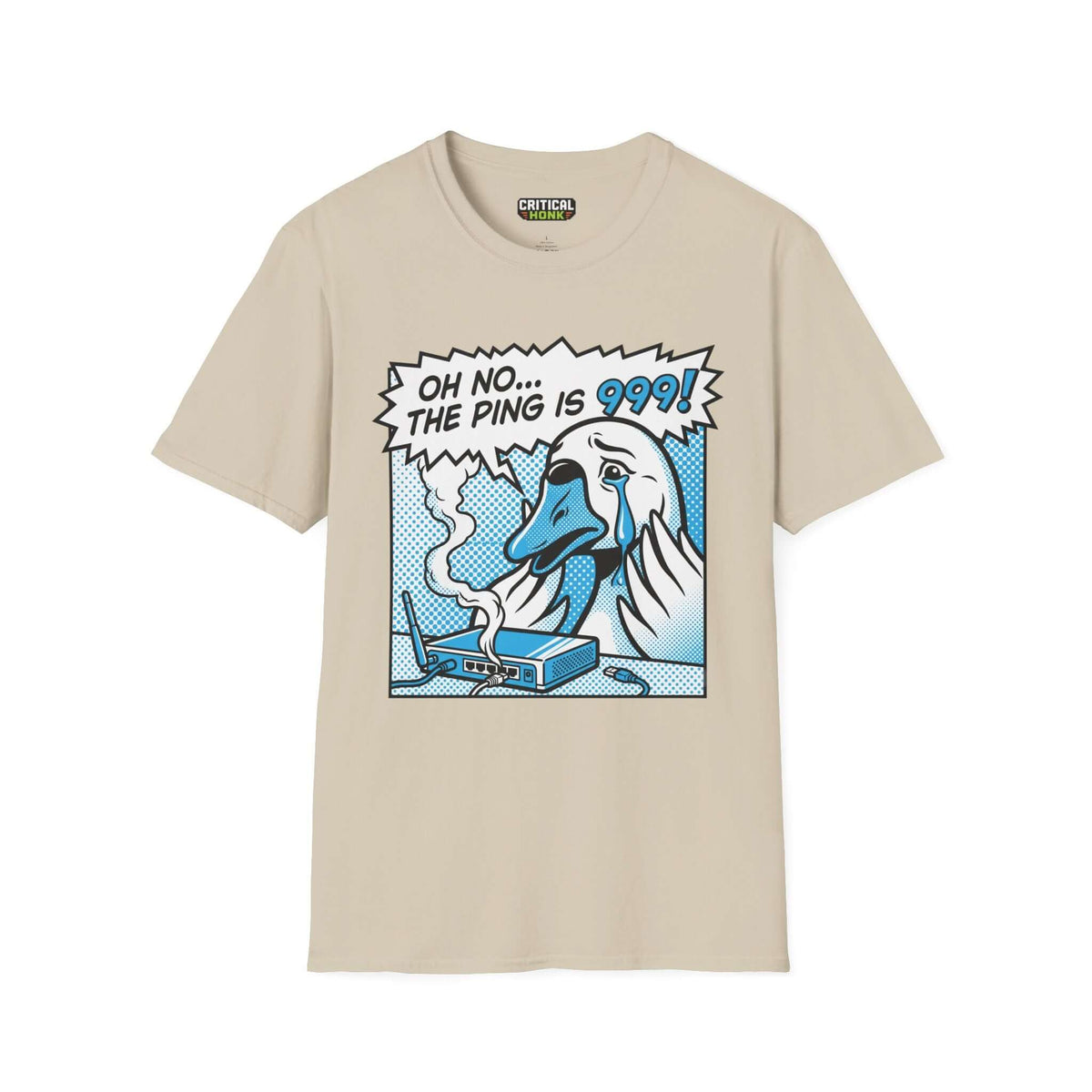 Ping 999 T-Shirt in sand color featuring comic-style design with text and a duck illustration.