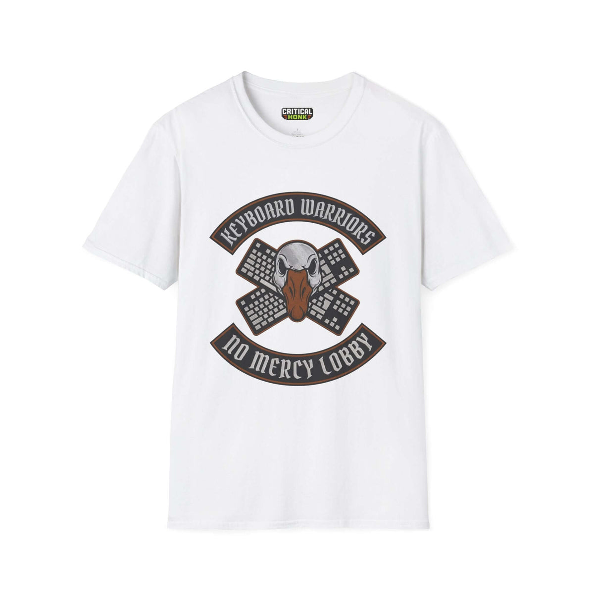 Keyboard-warriors T-Shirt in white featuring a graphic design with a skull and keyboards.