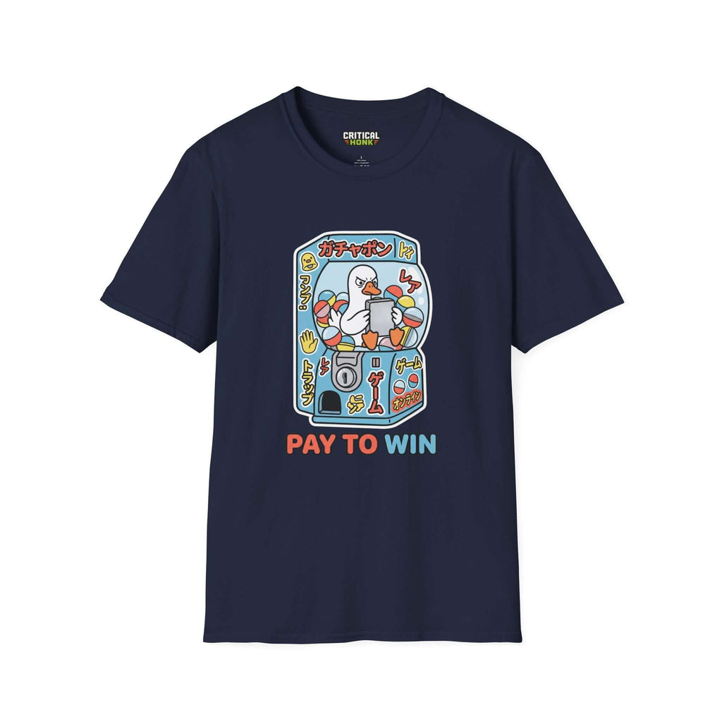 Pay to win T-Shirt in navy from Critical Honk, featuring unique gaming-inspired graphic design on soft, light fabric.