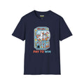 Pay to win T-Shirt in navy from Critical Honk, featuring unique gaming-inspired graphic design on soft, light fabric.