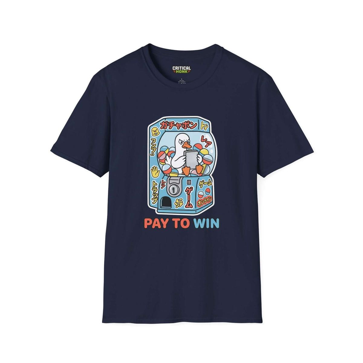 Pay to win T-Shirt in navy from Critical Honk, featuring unique gaming-inspired graphic design on soft, light fabric.