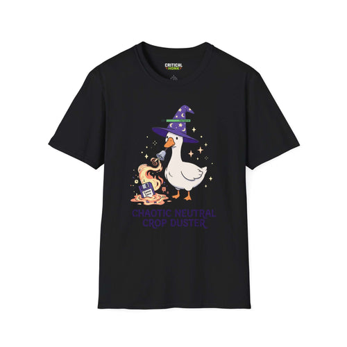 Caotic neutral T-Shirt featuring a whimsical duck in a wizard hat on a black shirt, perfect for Chaos Inspired Apparel.