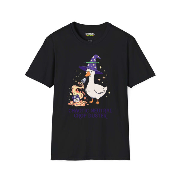 Caotic neutral T-Shirt featuring a whimsical duck in a wizard hat on a black shirt, perfect for Chaos Inspired Apparel.